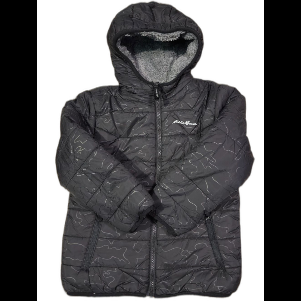 Eddie Bauer Reversible Boys Hooded Jacket Black Gray Kids Size 5-6 NWT